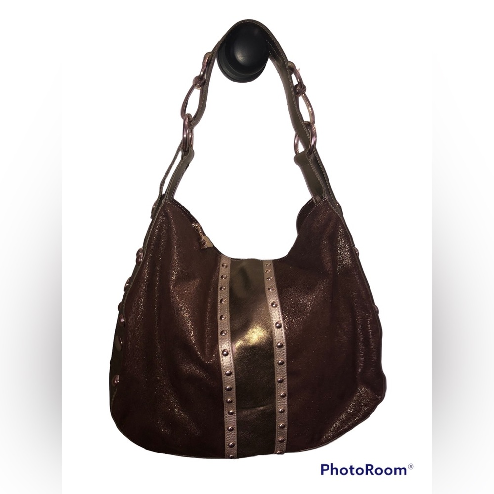 Kathy van Zeeland Shoulder Hand Bag Purse Gold faux suede brown Glam slouch hobo - Picture 2 of 13